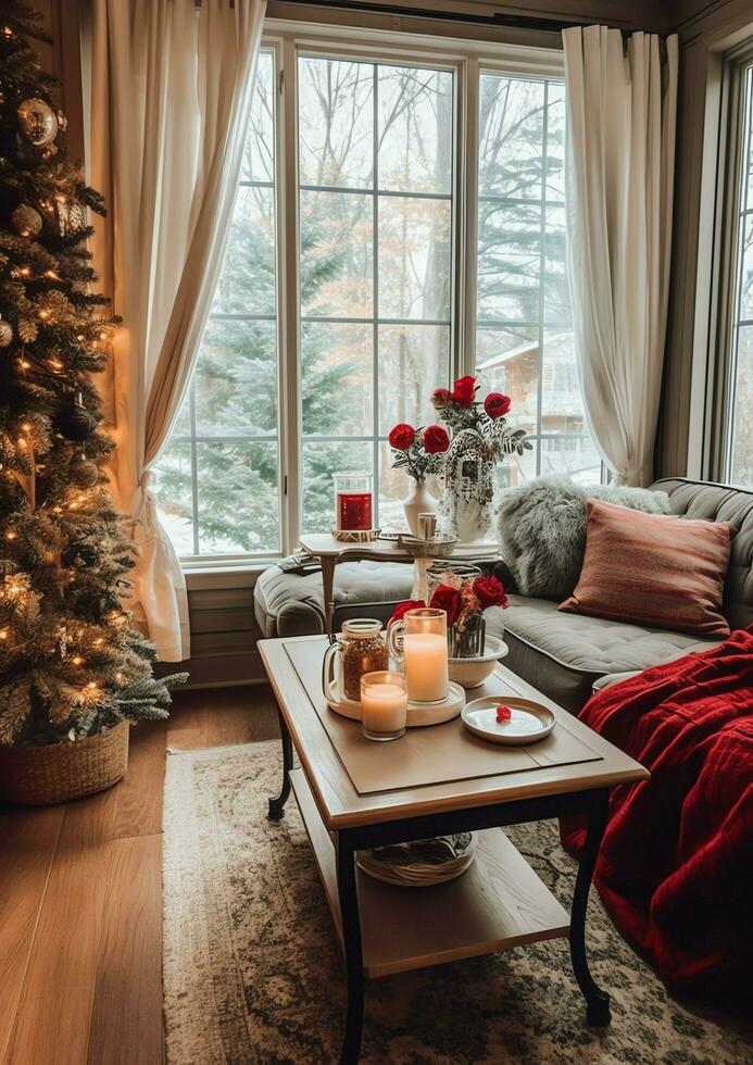 knus leven kamer met mooi Kerstmis boom en rood cadeaus in modern interieur. interieur van leven kamer versierd voor vrolijk Kerstmis met sokken, geschenk dozen en Kerstmis accessoires door ai gegenereerd foto