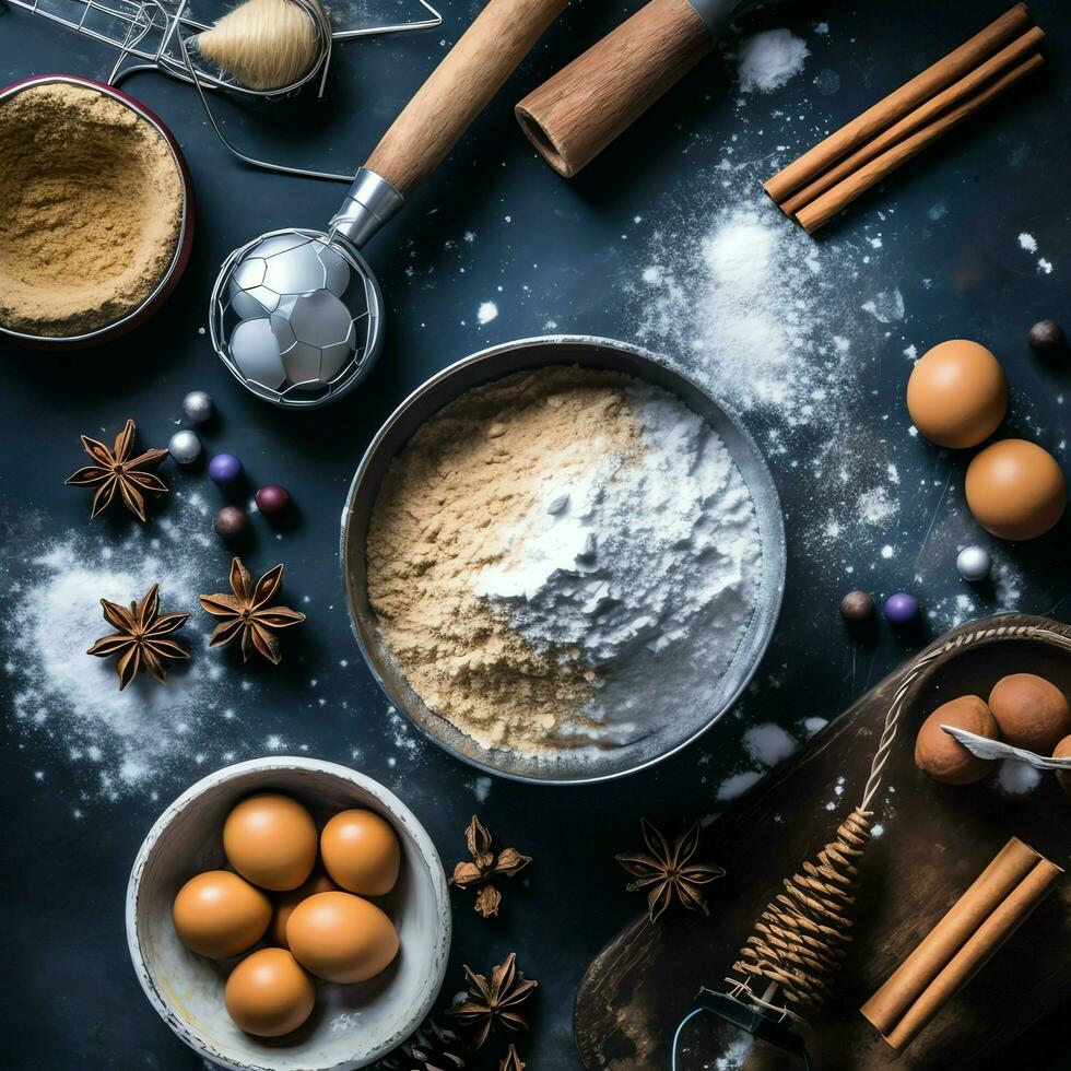 vlak leggen van Koken eigengemaakt Kerstmis bakken ingrediënten of peperkoek koekjes geplaatst Aan tafel concept door ai gegenereerd foto