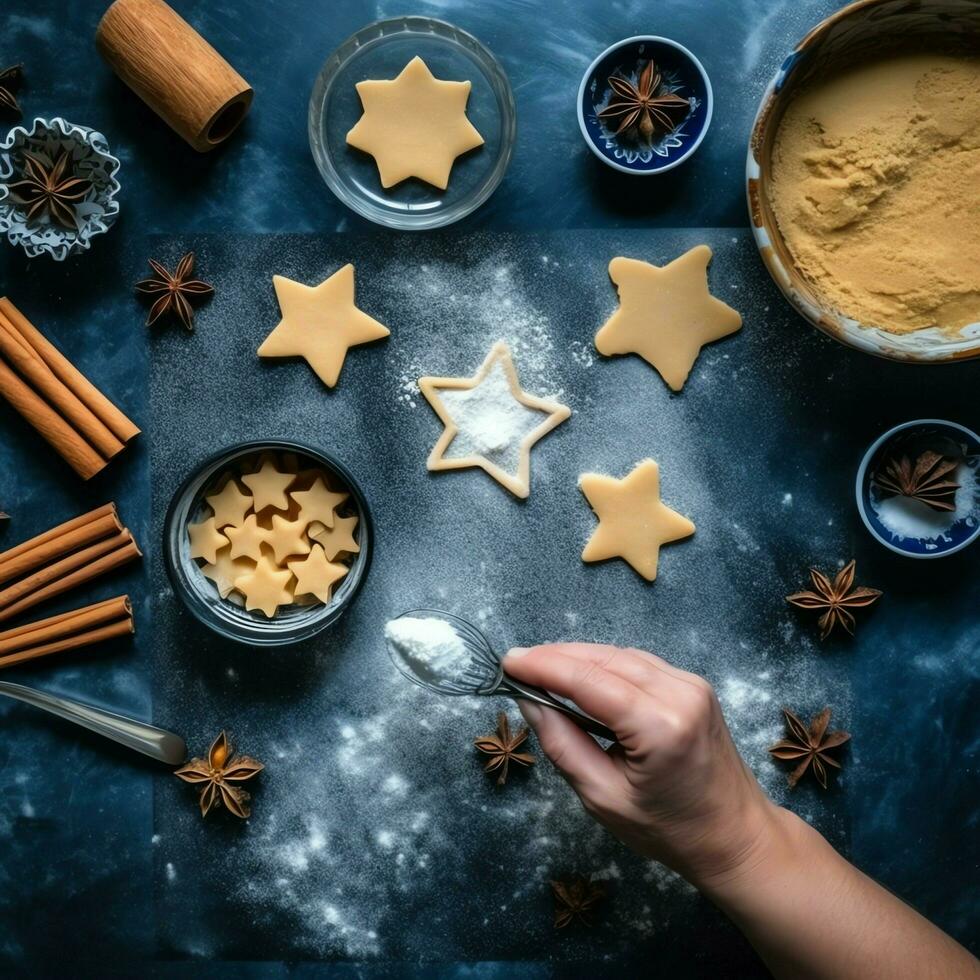 vlak leggen van Koken eigengemaakt Kerstmis bakken ingrediënten of peperkoek koekjes geplaatst Aan tafel concept door ai gegenereerd foto