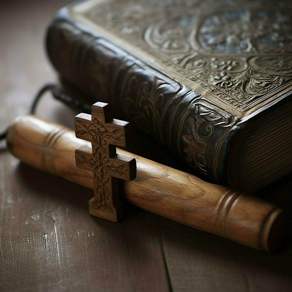 dichtbij omhoog van een heilig Bijbel en christen kruis Aan houten tafel. gelukkig mooi zo vrijdag of religie concept door ai gegenereerd foto