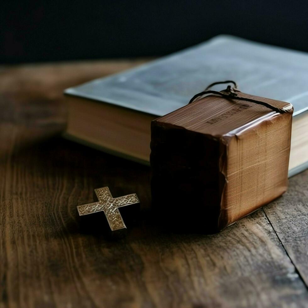 dichtbij omhoog van een heilig Bijbel en christen kruis Aan houten tafel. gelukkig mooi zo vrijdag of religie concept door ai gegenereerd foto