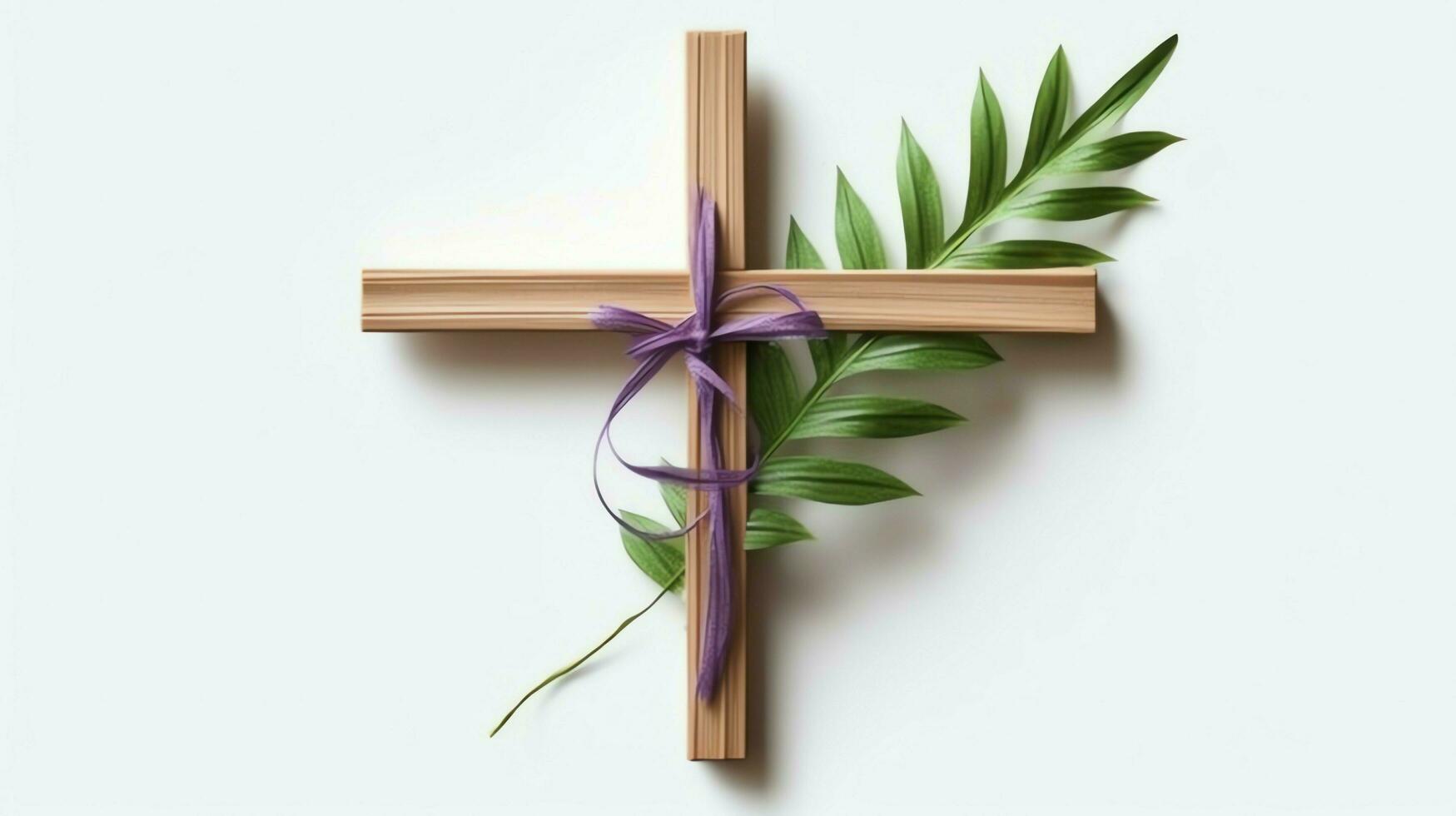 een christen houten kruis kruisbeeld teken met groen palm bladeren net zo religieus vakantie. palm zondag evenement concept door ai gegenereerd foto