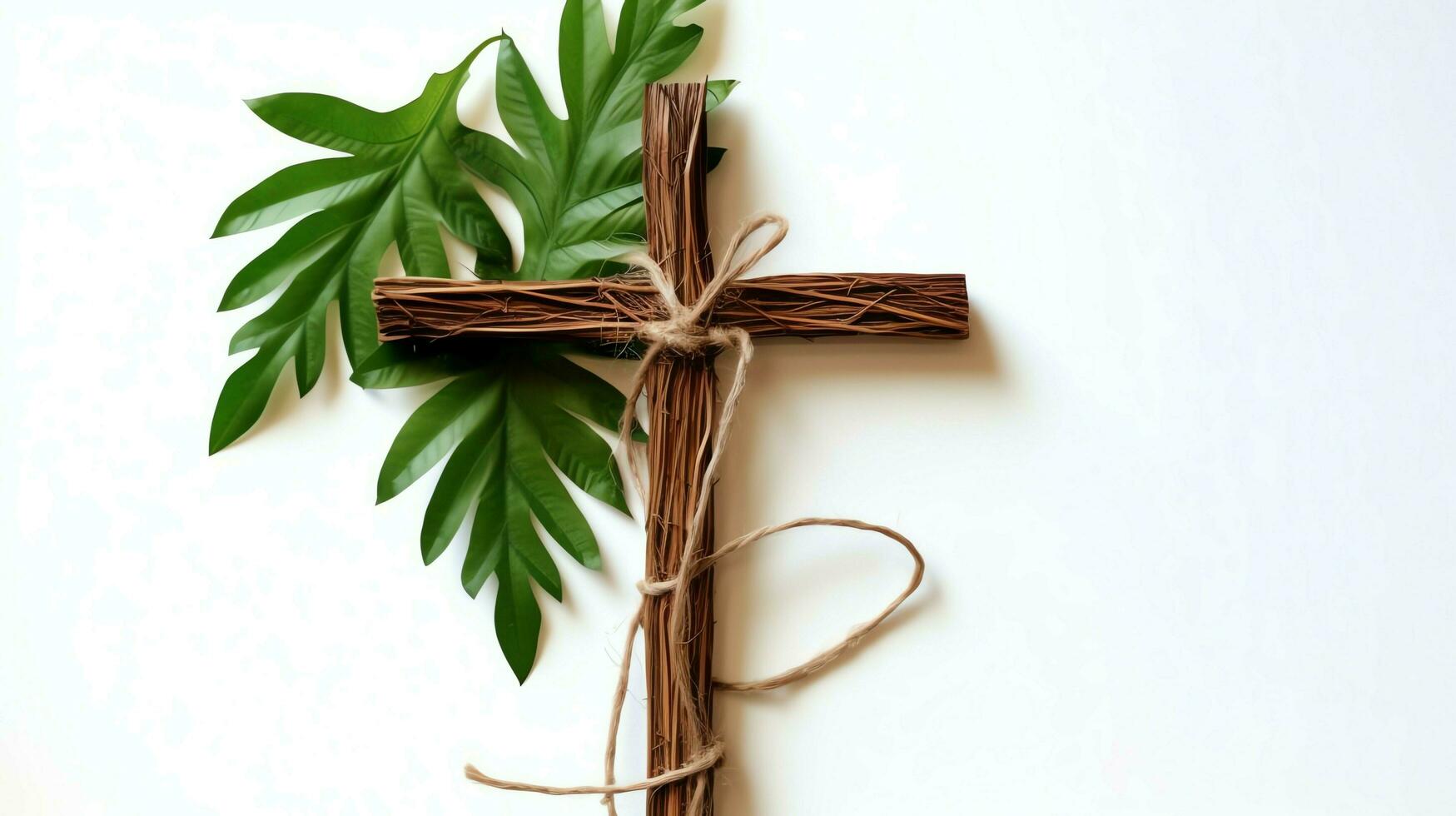 een christen houten kruis kruisbeeld teken met groen palm bladeren net zo religieus vakantie. palm zondag evenement concept door ai gegenereerd foto