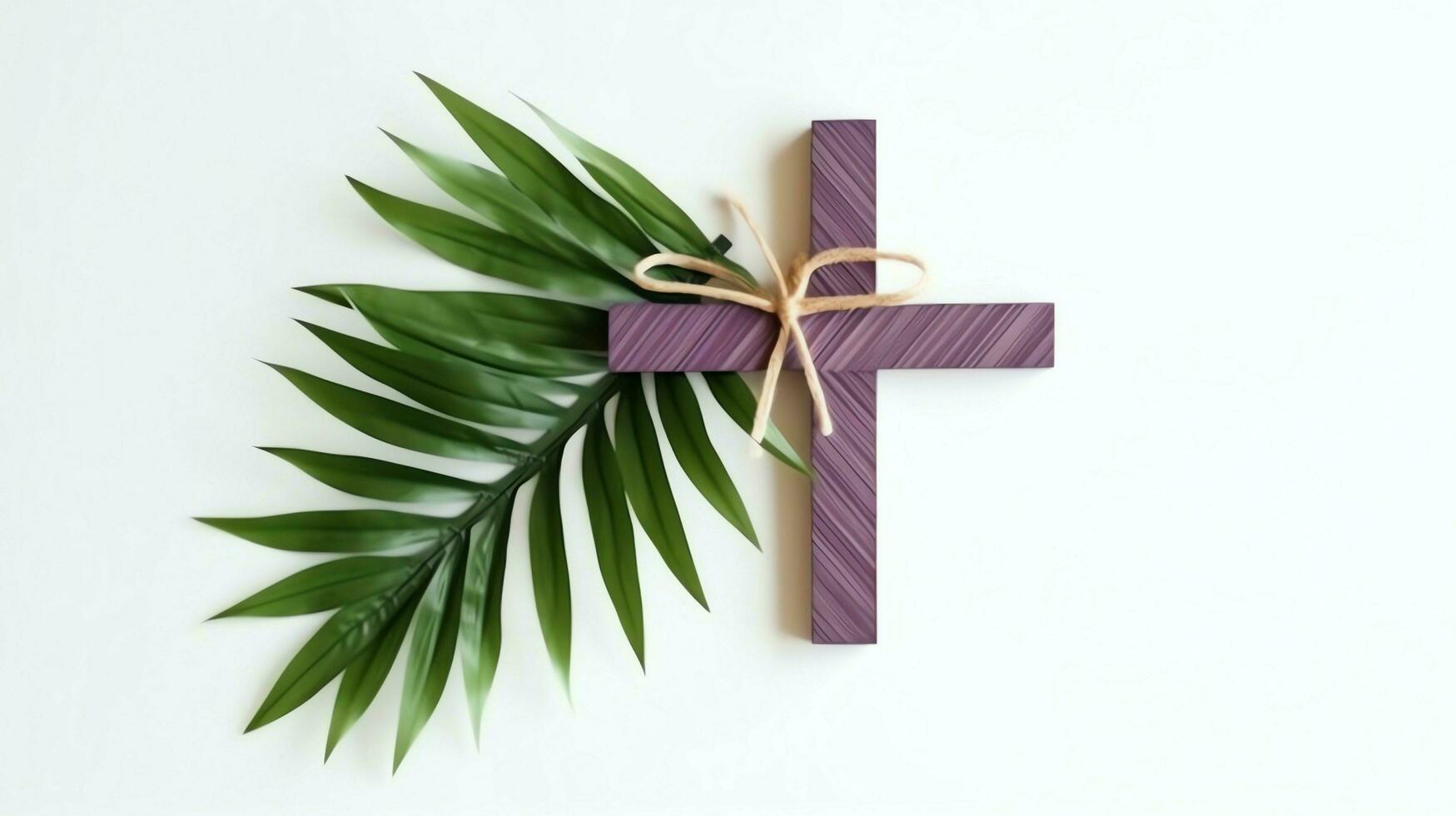 een christen houten kruis kruisbeeld teken met groen palm bladeren net zo religieus vakantie. palm zondag evenement concept door ai gegenereerd foto
