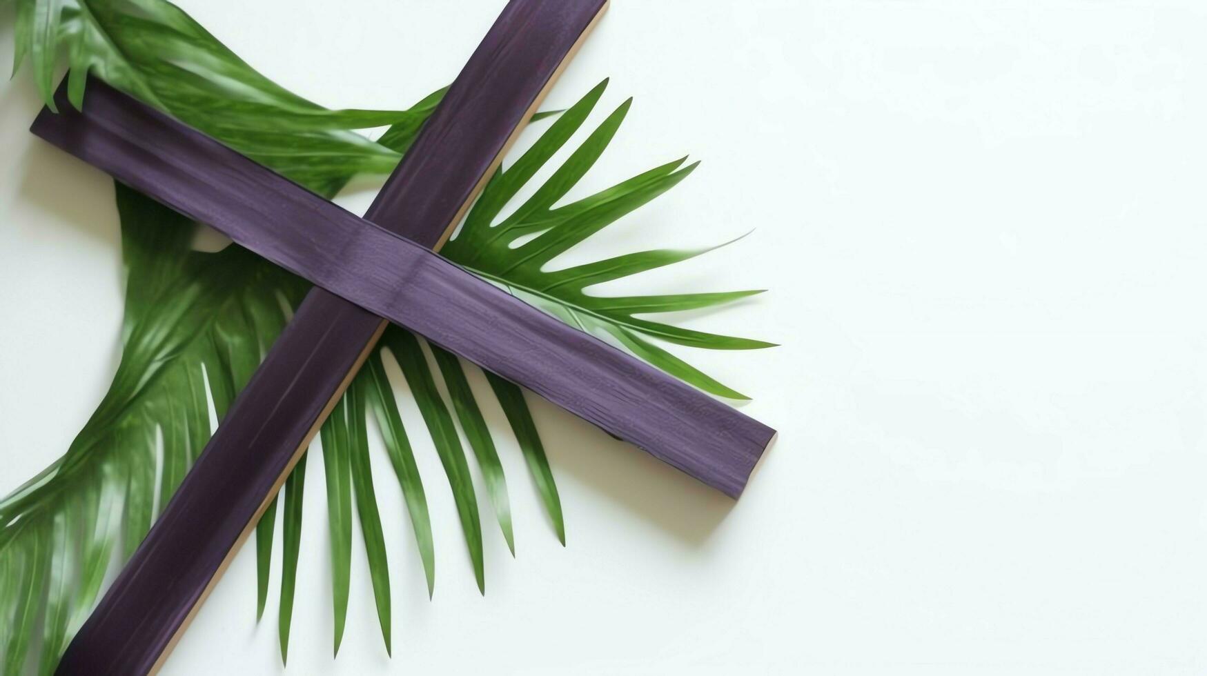 een christen houten kruis kruisbeeld teken met groen palm bladeren net zo religieus vakantie. palm zondag evenement concept door ai gegenereerd foto