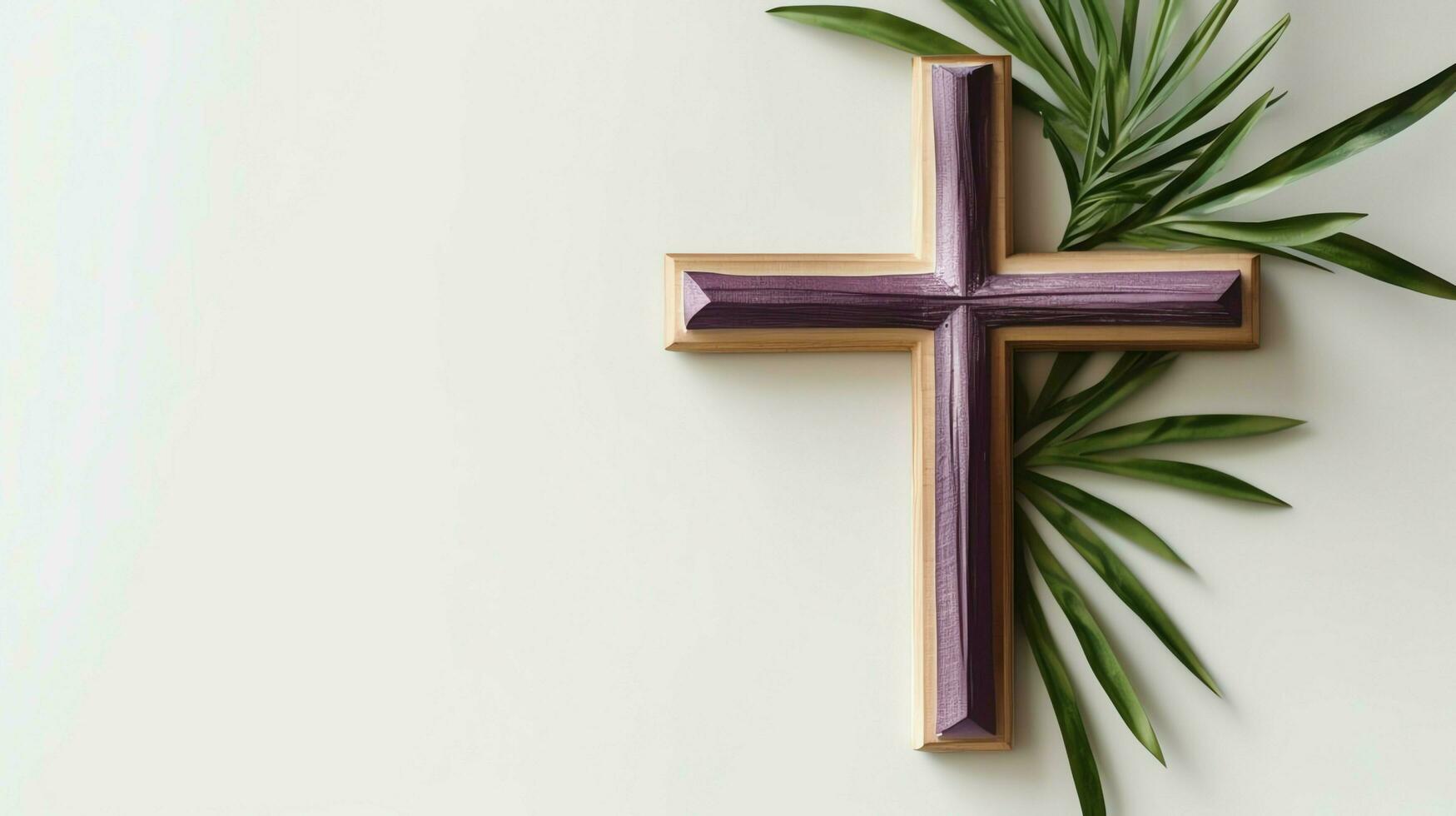 een christen houten kruis kruisbeeld teken met groen palm bladeren net zo religieus vakantie. palm zondag evenement concept door ai gegenereerd foto