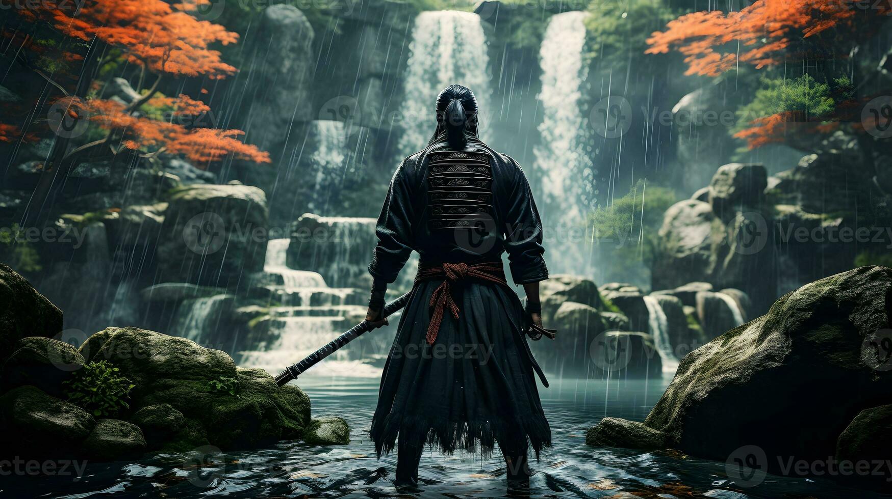 Japans samurai met een zwaard in voorkant van een waterval in de Woud foto