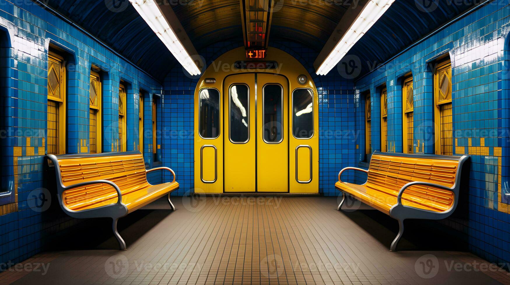 interieur van een metro station met geel banken en een blauw muur foto
