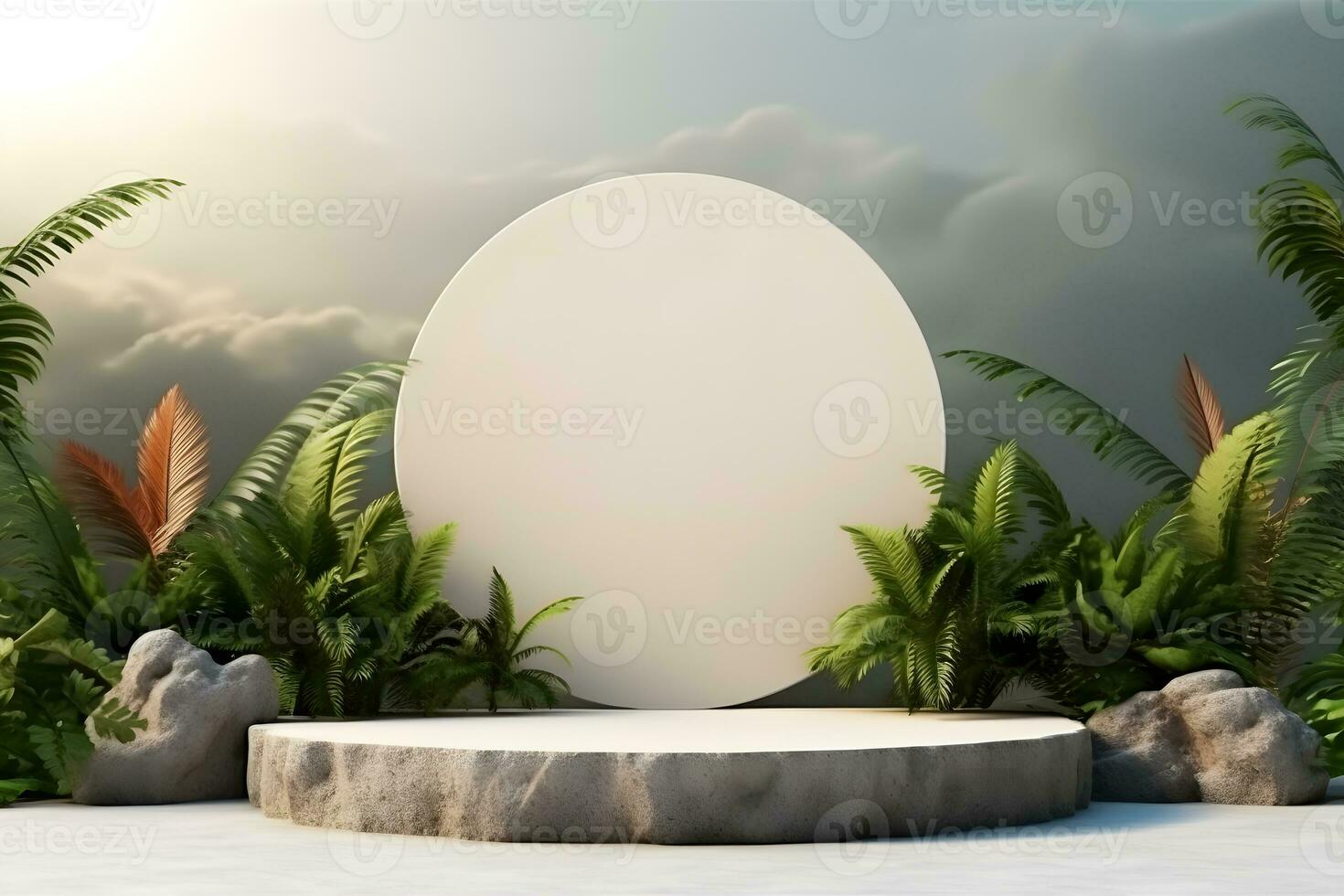 3d steen podium platform in tropisch planten decoratie, voor presentatie Scherm schoonheidsmiddelen producten branding, leeg minimaal stadium identiteit en verpakking ontwerp, ai genereren foto