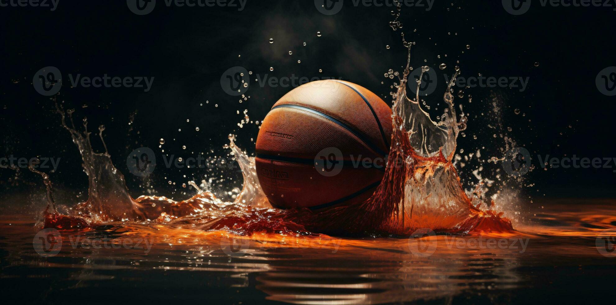 de basketbal is in een ingesloten plons en wezen gespoten met water in de achtergrond. ai generatief foto