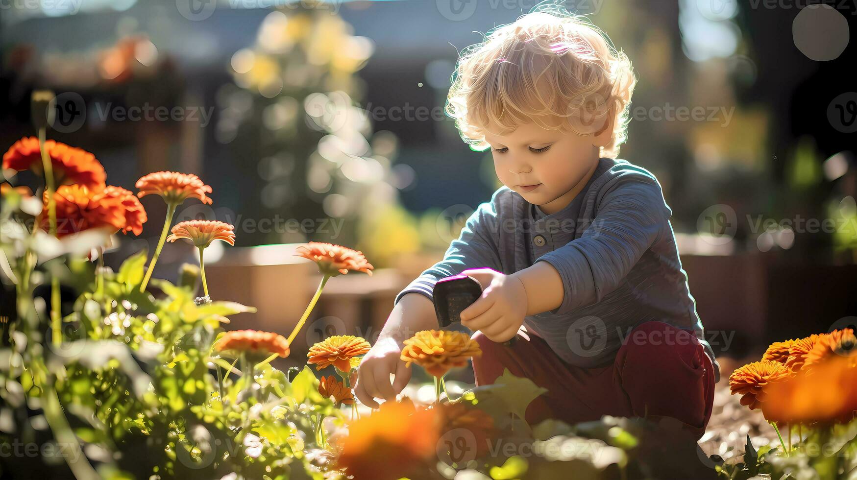 ai gegenereerd weinig jongen tuinieren met landschap vol van bloemen Aan warm zonnig dag. familie werkzaamheid. tuinieren en landbouw concept foto