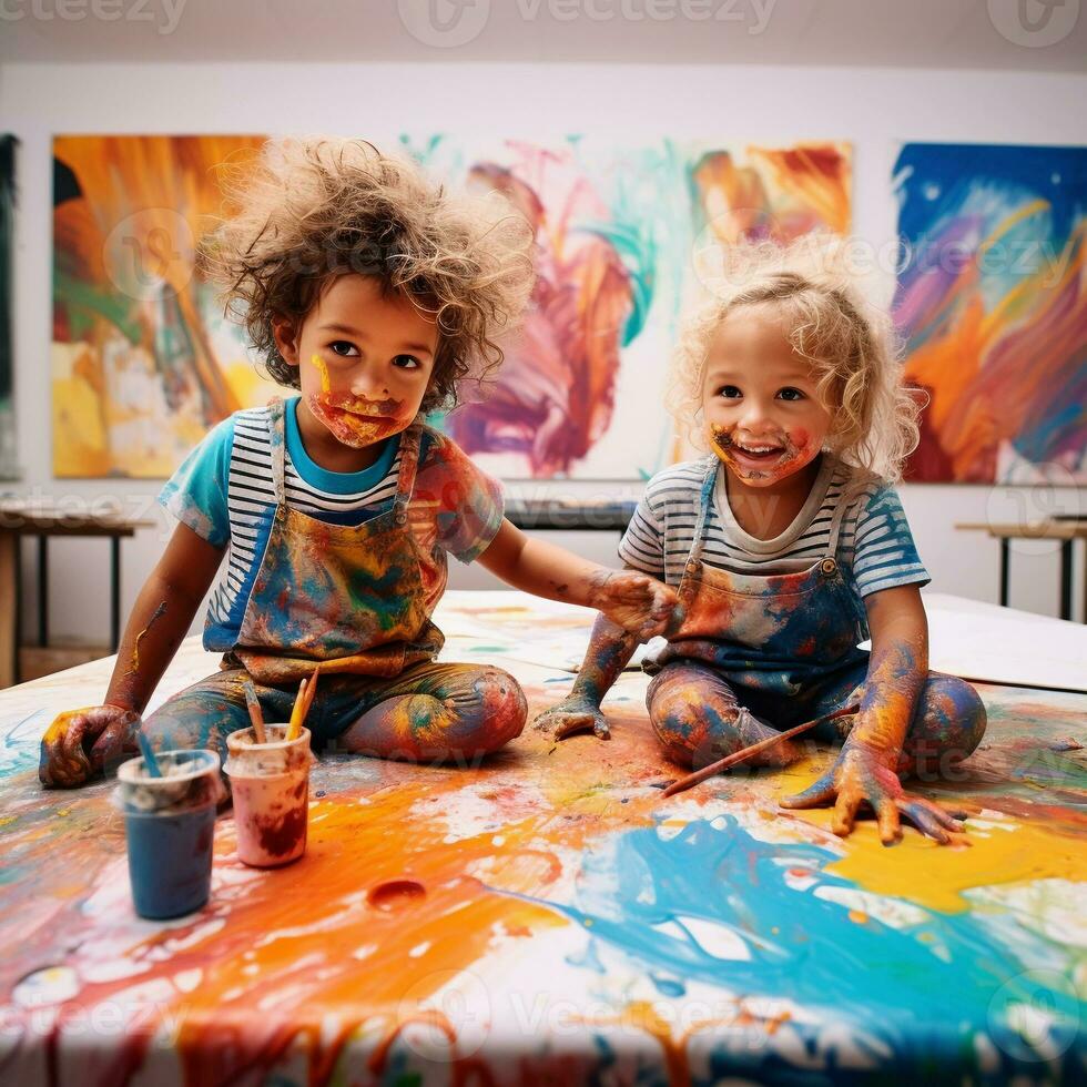 ai gegenereerd schattig kinderen lachend samen en hebben pret met verven. geschilderd in huid handen. kind portret. creatief concept. dichtbij omhoog foto