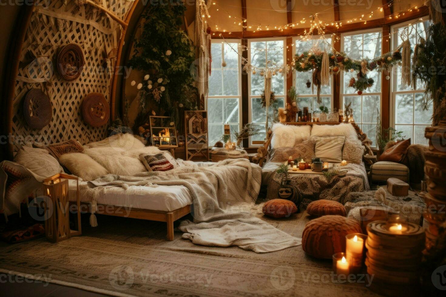 levendig boho winter kamer tent. genereren ai foto