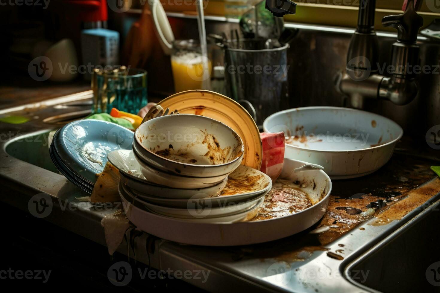 een veel van vuil gerechten zijn in de wastafel in de keuken. ai gegenereerd foto