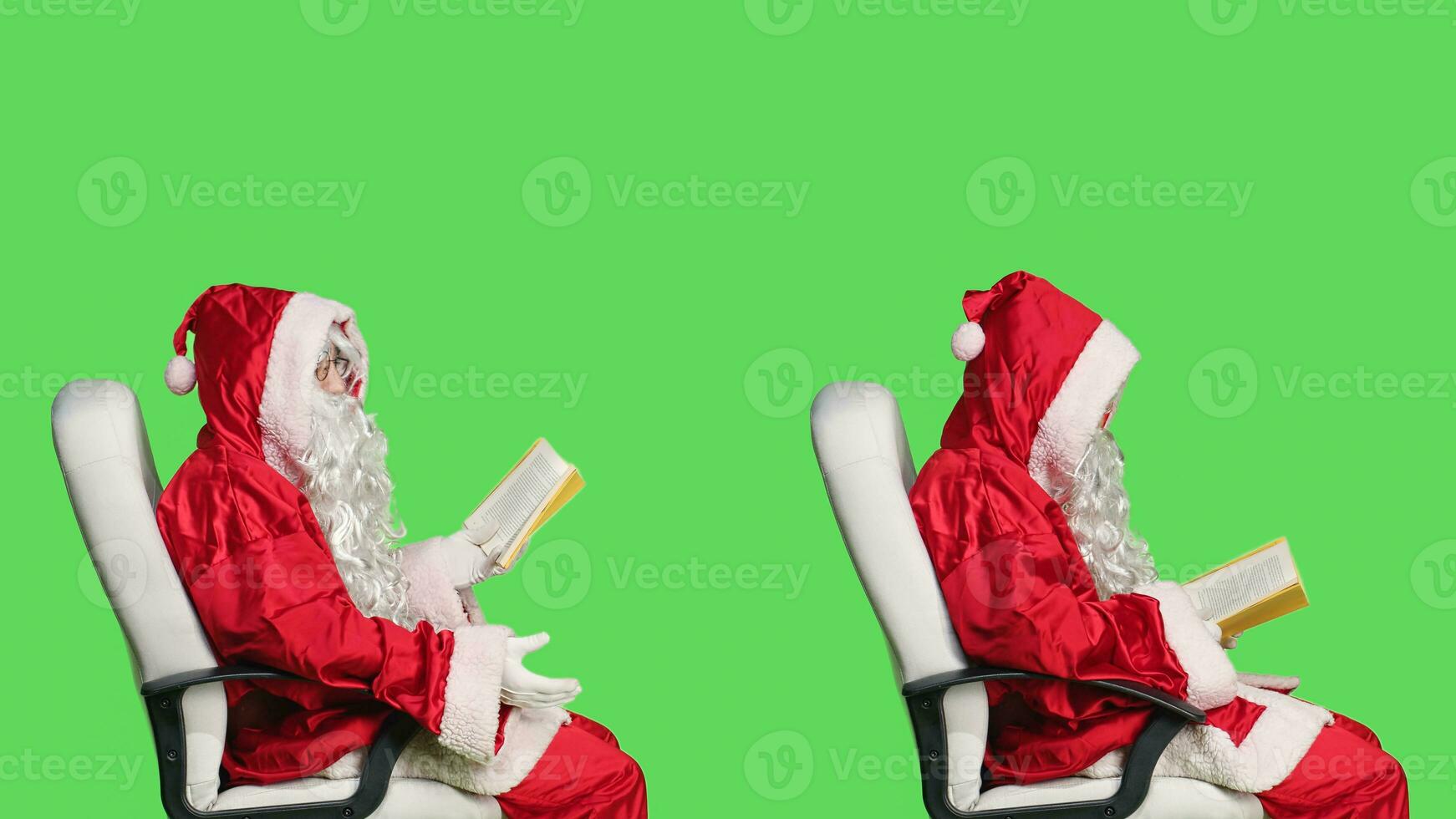 heilige Nick leest poëzie boek Aan camera, genieten van literatuur of fictie lezing voor onderwijs. Mens gekleed Leuk vinden de kerstman zittend Aan stoel met roman verhaal in hand, groene scherm achtergrond. foto