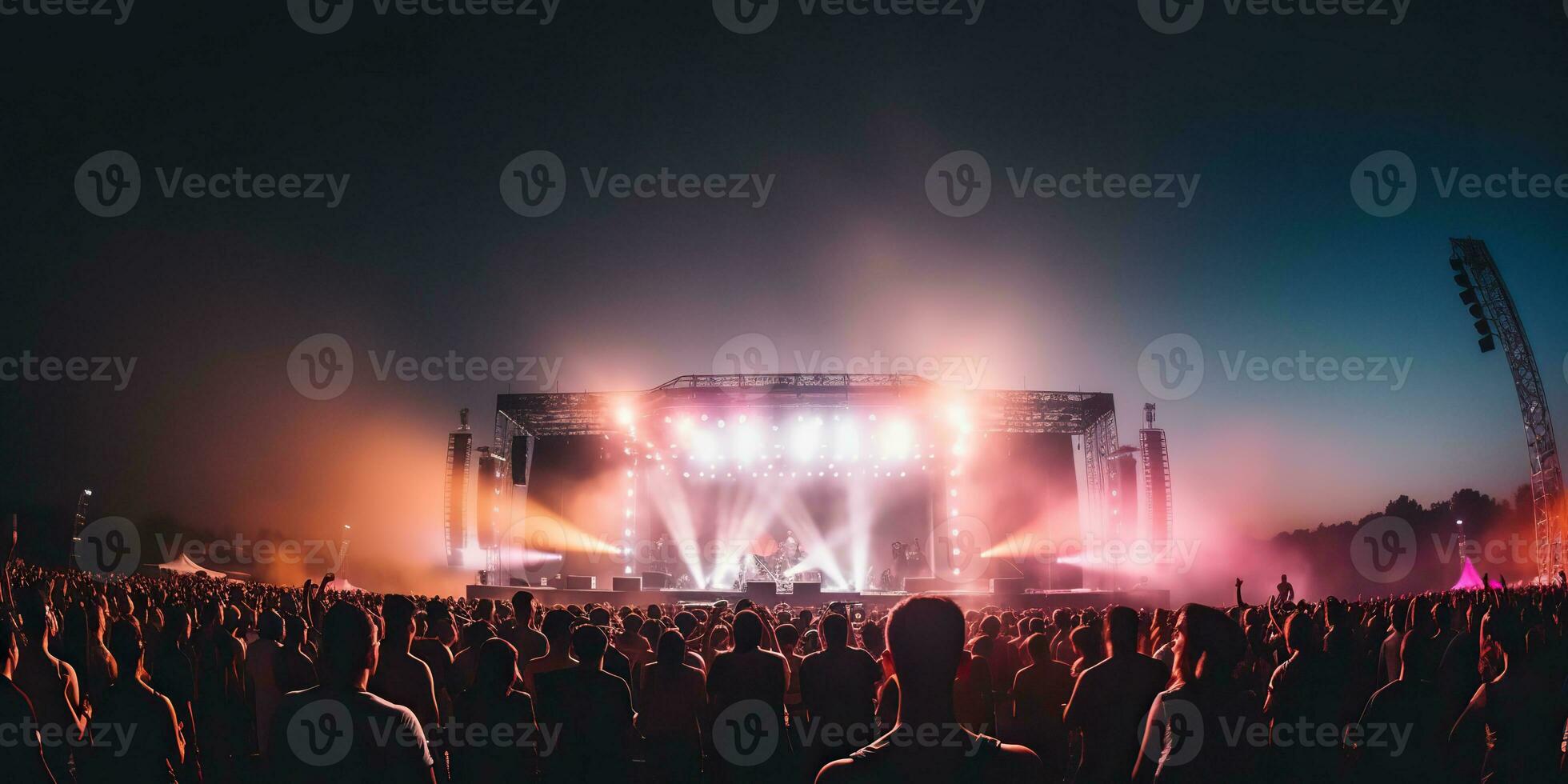 ai gegenereerd. ai generatief. nacht Open lucht concert tonen prestatie stadium leven muziek- evenement met veel mensen in de omgeving van. viering pret partij enthousiast achtergrond. grafisch kunst foto