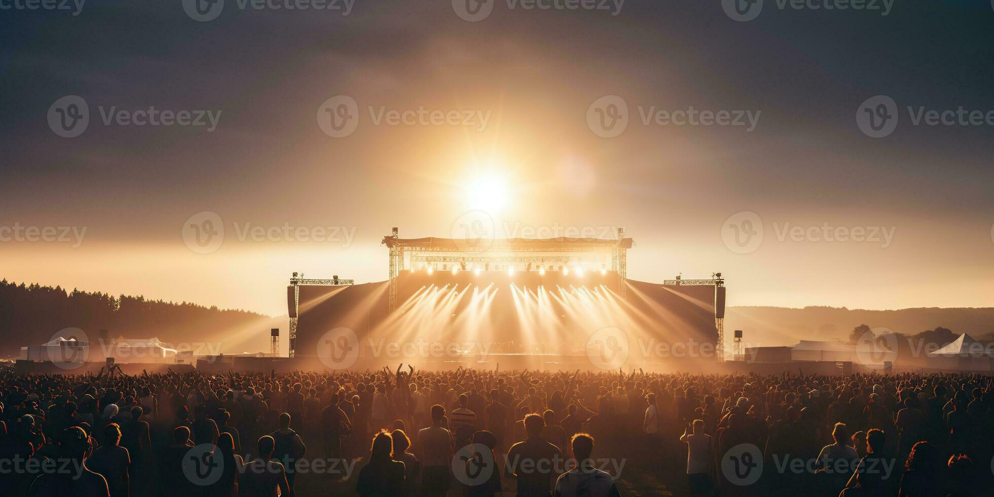 ai gegenereerd. ai generatief. nacht Open lucht concert tonen prestatie stadium leven muziek- evenement met veel mensen in de omgeving van. viering pret partij enthousiast achtergrond. grafisch kunst foto