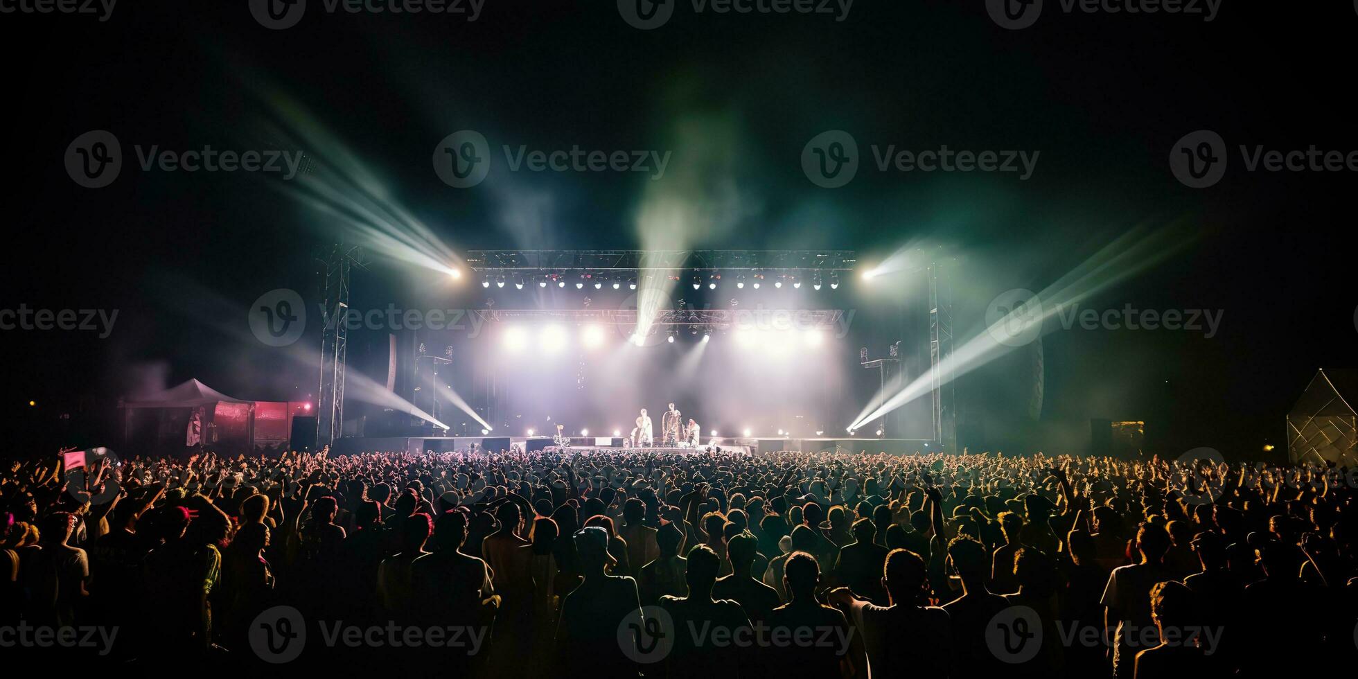 ai gegenereerd. ai generatief. nacht Open lucht concert tonen prestatie stadium leven muziek- evenement met veel mensen in de omgeving van. viering pret partij enthousiast achtergrond. grafisch kunst foto