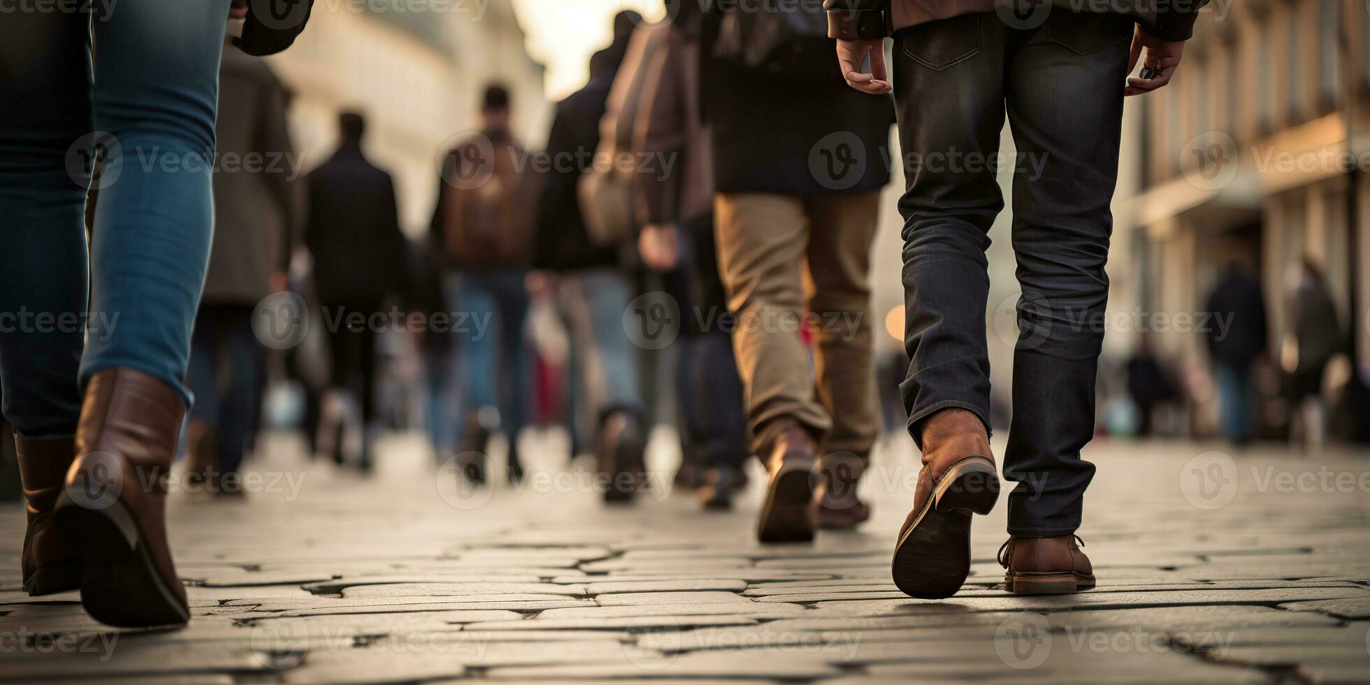 ai gegenereerd. ai generatief. menigte mensen wandelen straat poten in schoenen. stad stedelijk achtergrond. grafisch kunst foto