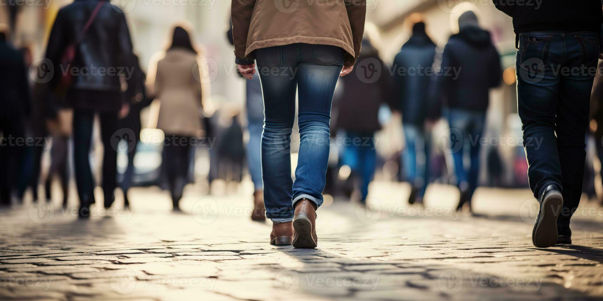 ai gegenereerd. ai generatief. menigte mensen wandelen straat poten in schoenen. stad stedelijk achtergrond. grafisch kunst foto