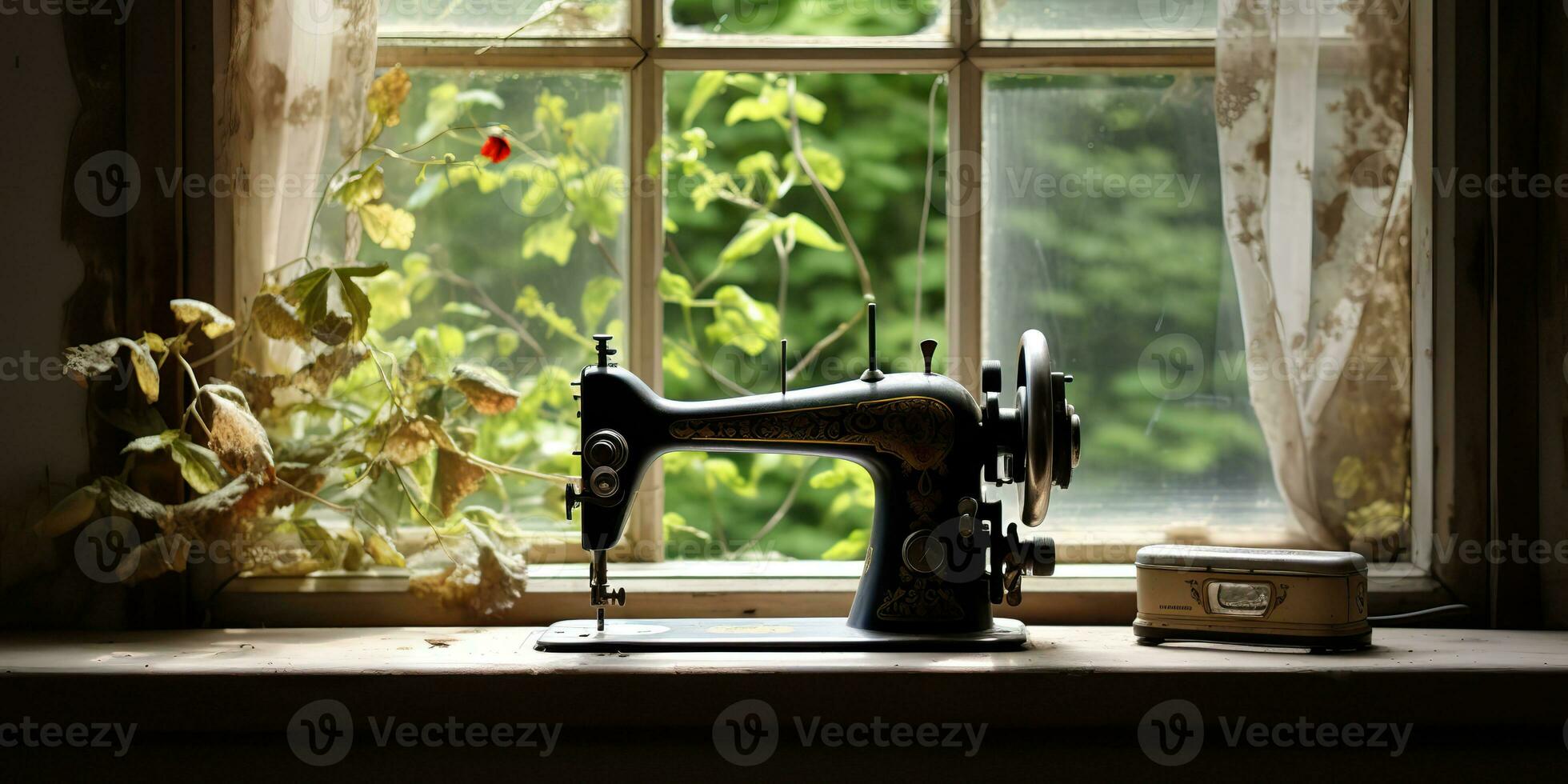 ai gegenereerd. ai generatief. wijnoogst retro naaien machine Aan venster met bloemen. decoratief huis knus achtergrond. grafisch kunst foto