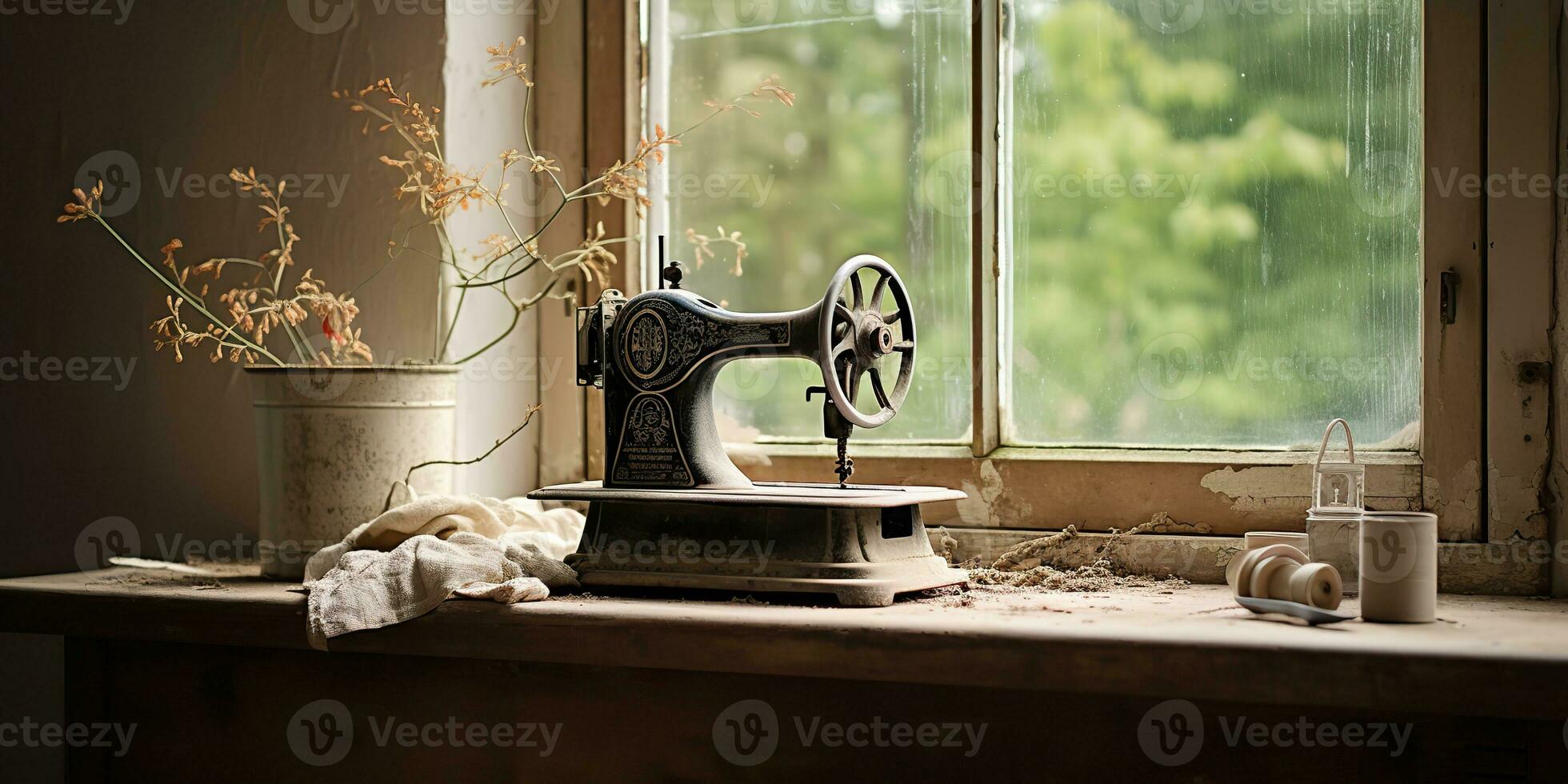 ai gegenereerd. ai generatief. wijnoogst retro naaien machine Aan venster met bloemen. decoratief huis knus achtergrond. grafisch kunst foto