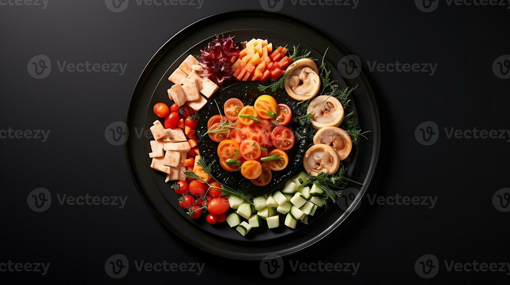 top visie heerlijk voedsel bord Aan een zwart achtergrond ai gegenereerd foto