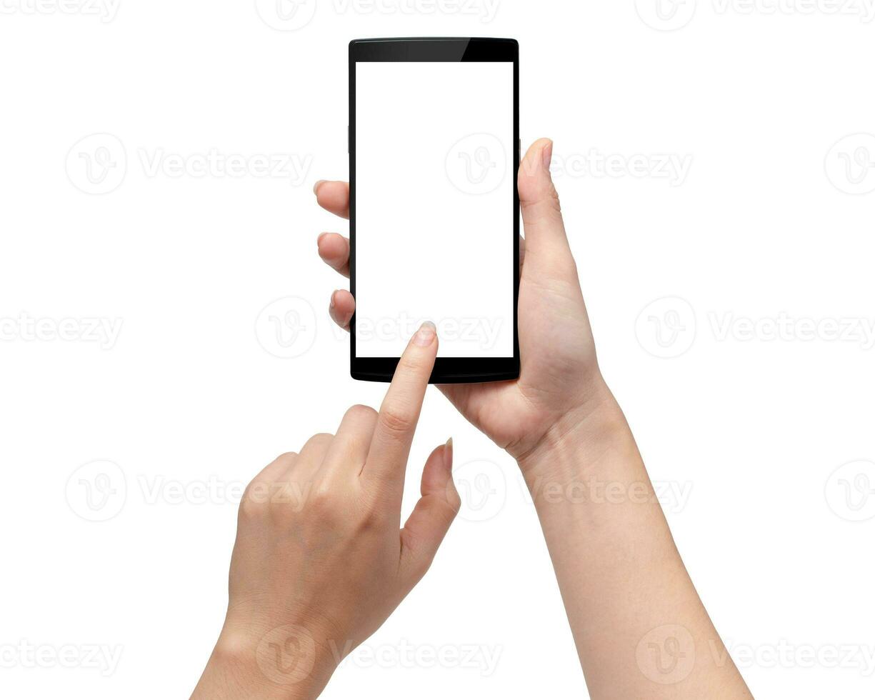 detailopname hand- houden smartphone wit mobiel, deze heeft knipsel pad. foto