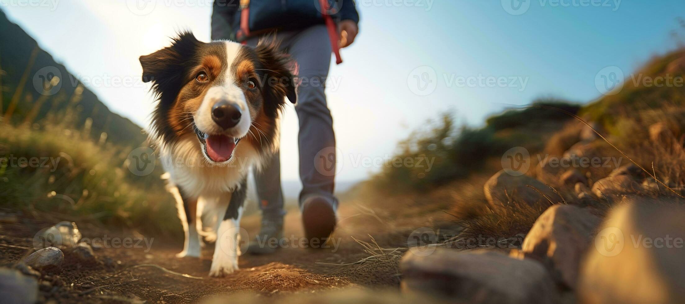 wandelen met de hond, een jong Mens en zijn actief grens collie hond trekking in berg vallei. activiteiten met huisdier. laag hoek visie. ai generatief foto