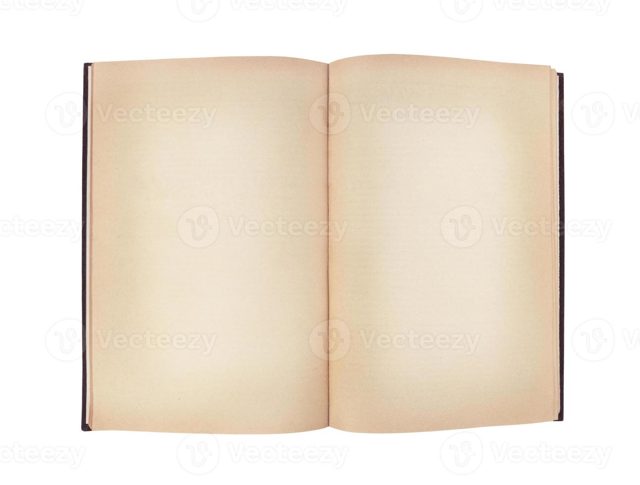 oud open boek met lege pagina's met vinette op wit wordt geïsoleerd foto