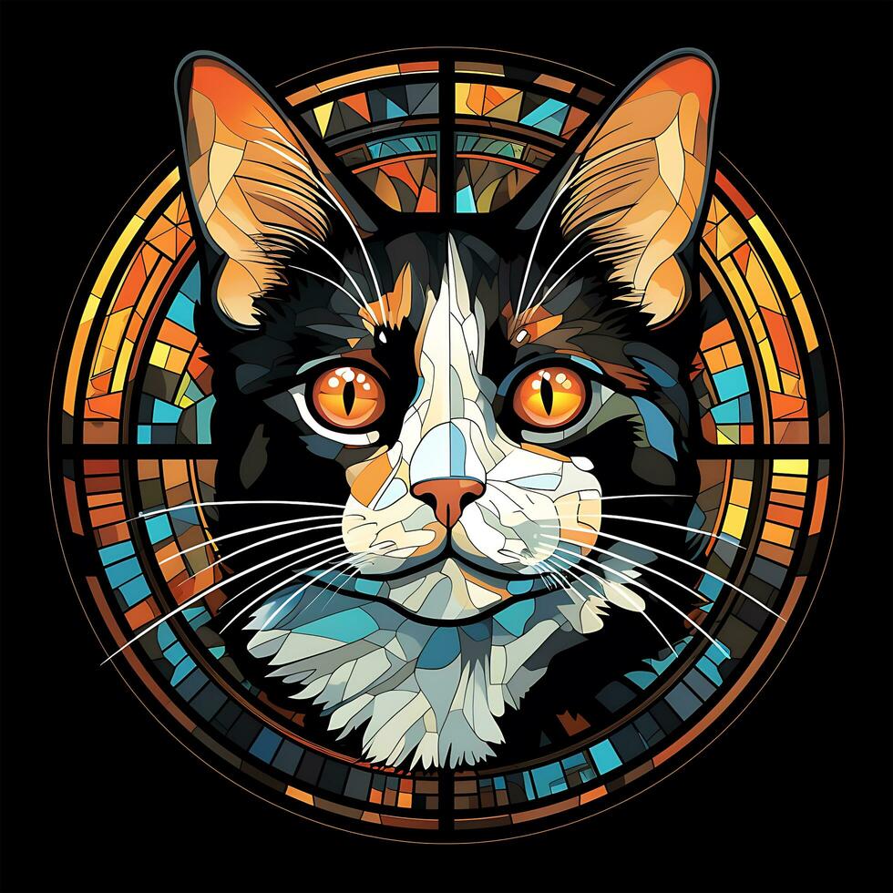 Daar is een kat gezicht gebrandschilderd glas illustratie kunst cirkel vorm vector generatief ai foto