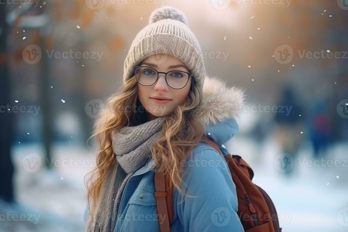 een jong leerling meisje met bril en een rugzak gaat naar college in winter. ai-gegenereerd foto