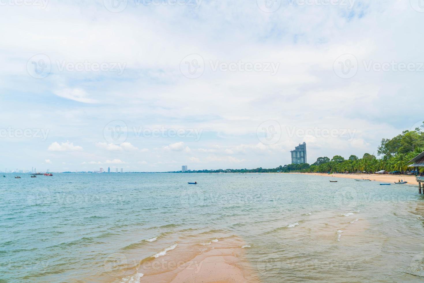 tropisch eiland met strand, zee en kokospalm op blauwe lucht foto