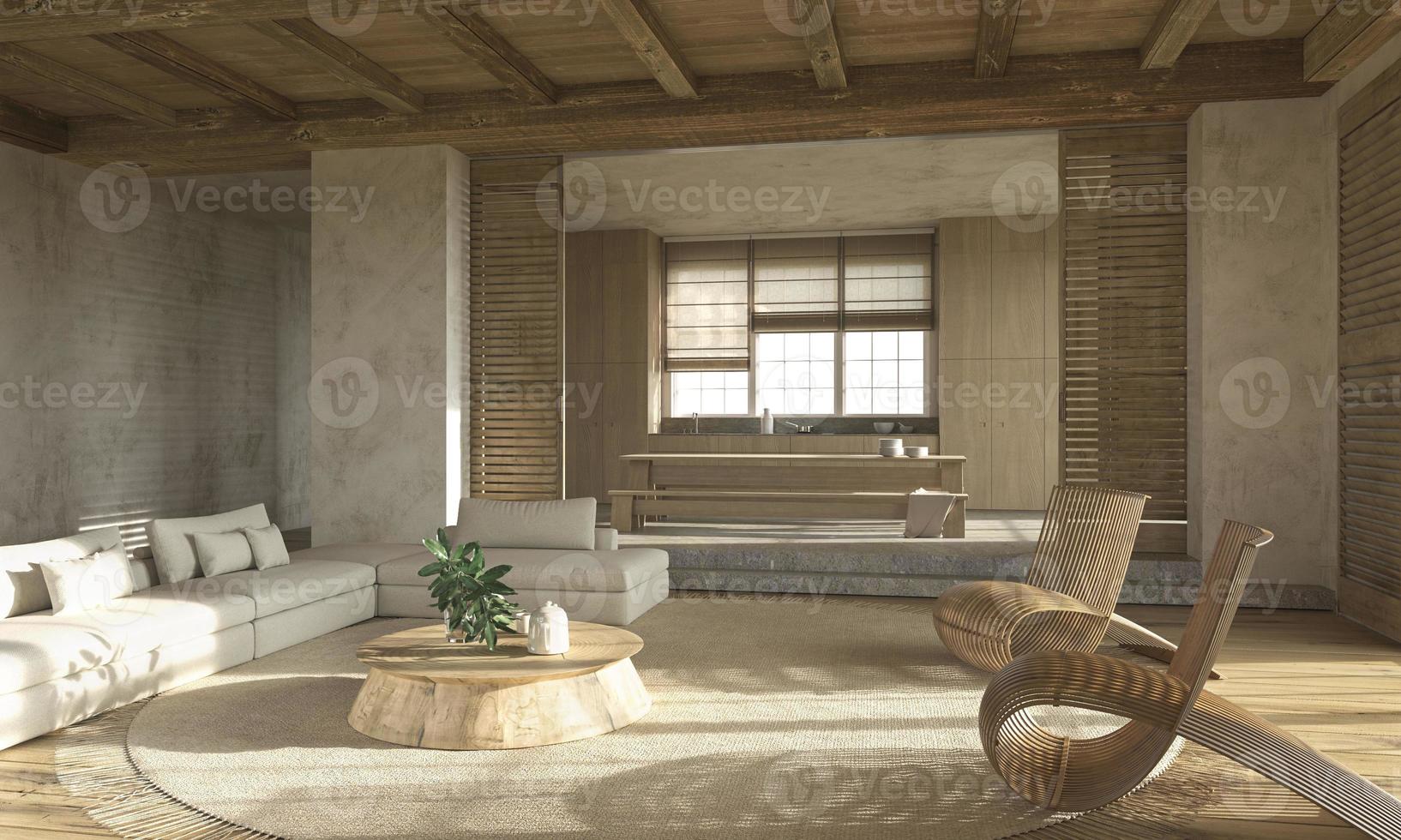 Scandinavische stijl beige woonkamer interieur met houten meubilair foto