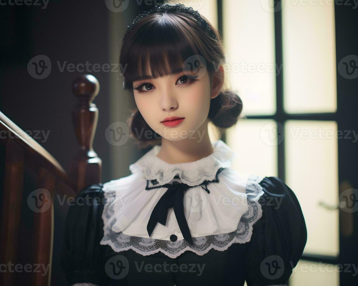 schattig Aziatisch jong meisje gekleed in lolita hulp in de huishouding jurk ai generatief foto