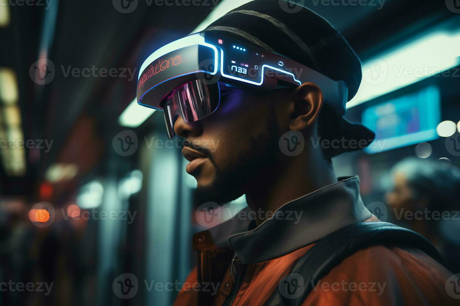 persoon vervelend een futuristische vr bril ai generatief foto