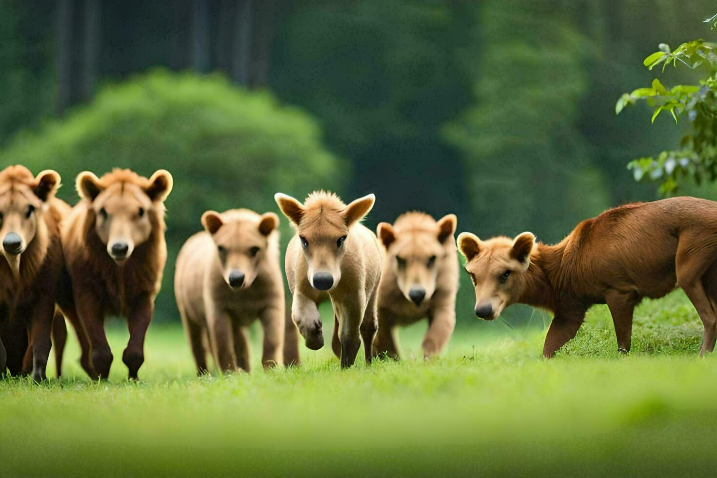 een groep van bruin bears wandelen in de gras. ai-gegenereerd foto