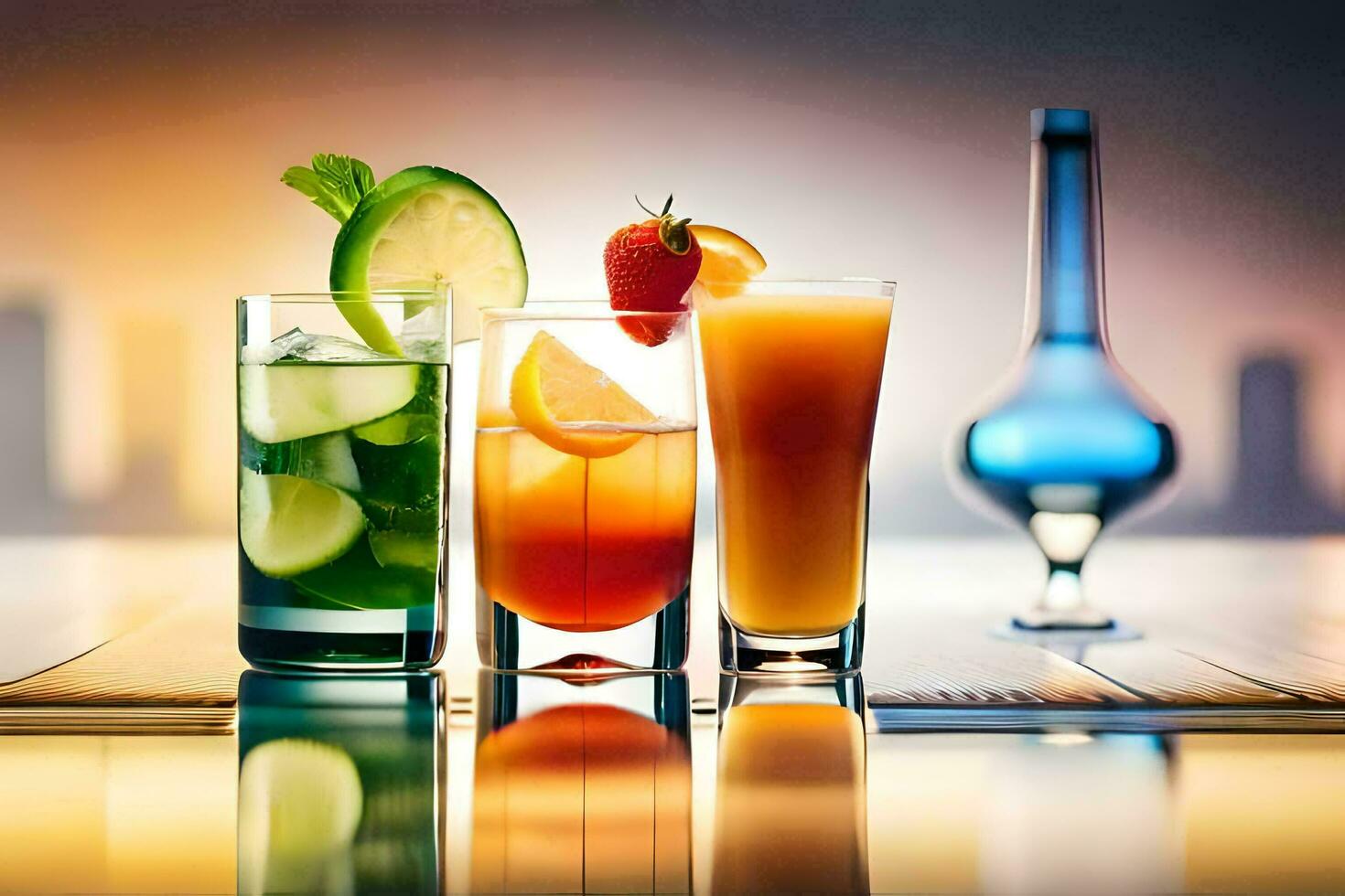 drie verschillend types van alcoholisch drankjes Aan een tafel. ai-gegenereerd foto