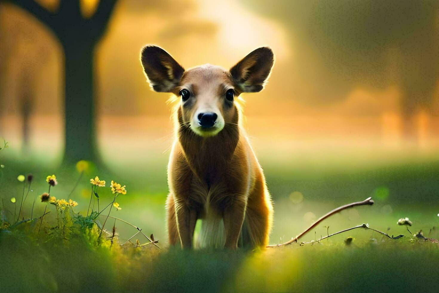 een hert is staand in de gras met een zon instelling achter het. ai-gegenereerd foto