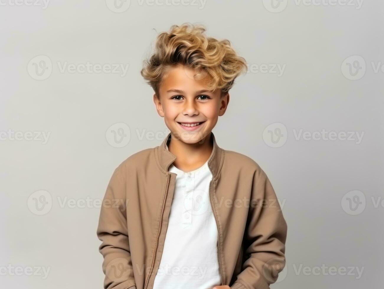 gelukkig Europese kind in gewoontjes kleding tegen een neutrale achtergrond ai generatief foto