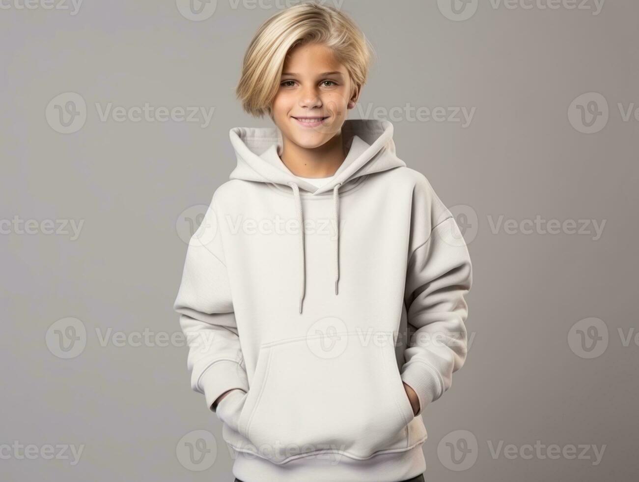 gelukkig Europese kind in gewoontjes kleding tegen een neutrale achtergrond ai generatief foto