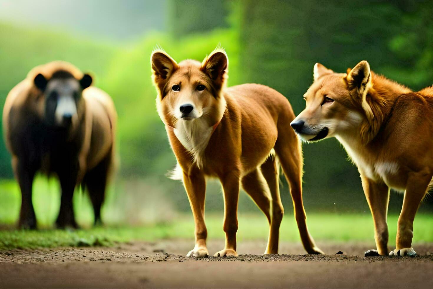 twee bruin honden en een bruin beer staand Aan een weg. ai-gegenereerd foto