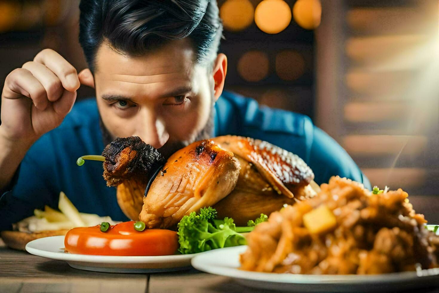 een Mens is aan het eten een geroosterd kalkoen Aan een bord. ai-gegenereerd foto