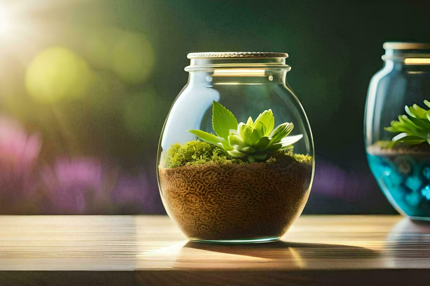 twee potten met planten in hen Aan een tafel. ai-gegenereerd foto