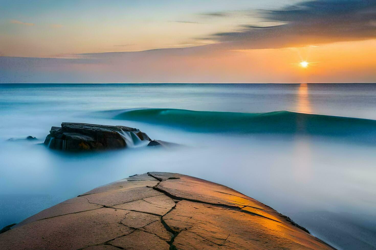 een lang blootstelling fotograaf van de zon instelling over- de oceaan. ai-gegenereerd foto