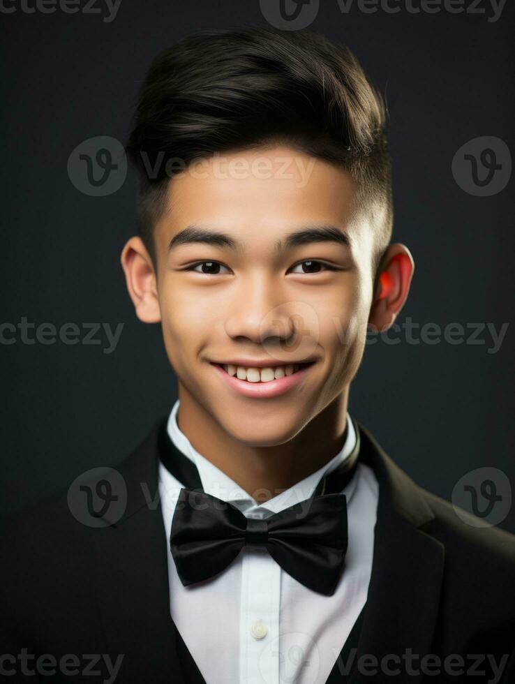 glimlachen jong Mens van Aziatisch afdaling gekleed in pak Aan grijs achtergrond ai generatief foto