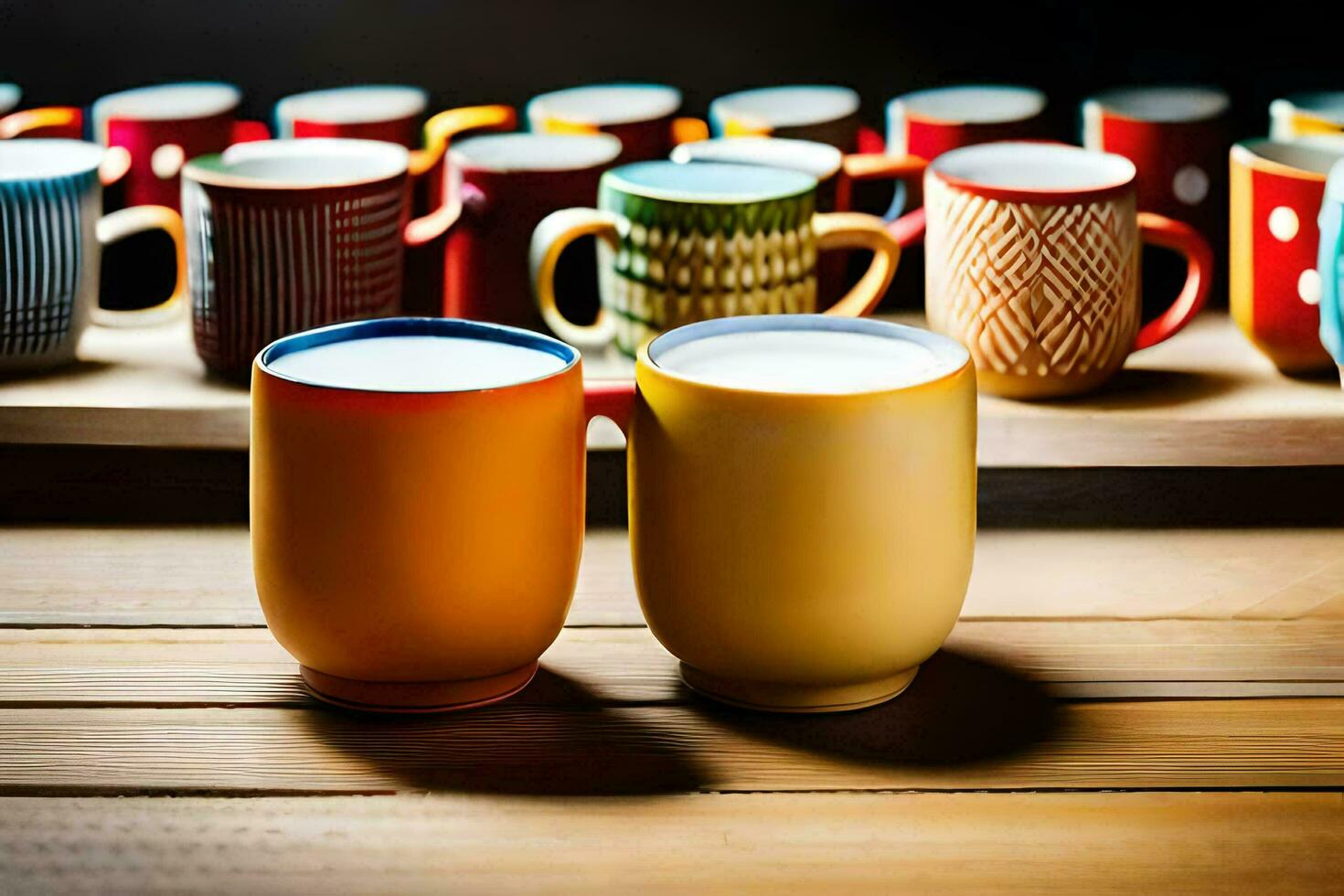 kleurrijk koffie cups Aan een houten tafel. ai-gegenereerd foto