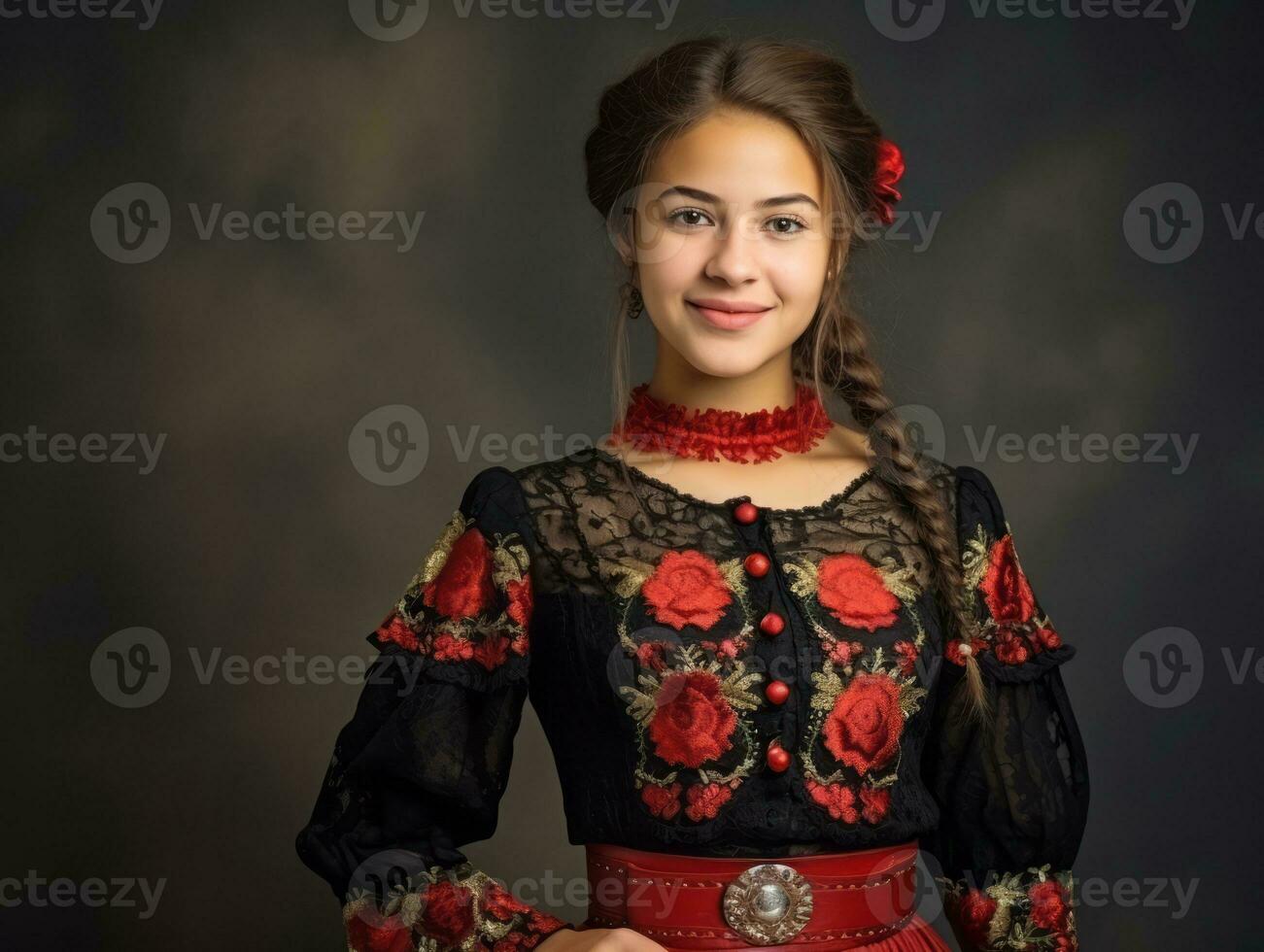 glimlachen jong vrouw van Mexicaans afdaling gekleed in elegant jurk Aan grijs achtergrond ai generatief foto