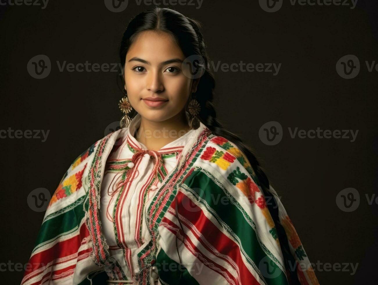 glimlachen jong vrouw van Mexicaans afdaling gekleed in elegant jurk Aan grijs achtergrond ai generatief foto