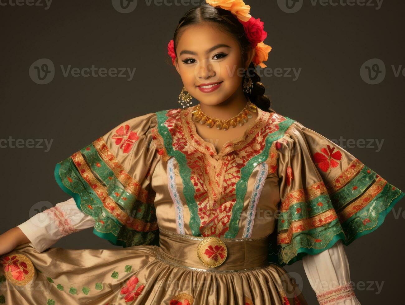 glimlachen jong vrouw van Mexicaans afdaling gekleed in elegant jurk Aan grijs achtergrond ai generatief foto